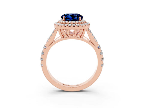 Rose gold Round Cut Blue Sapphire Double Halo Ring with Split Shank and Prong Setting_15