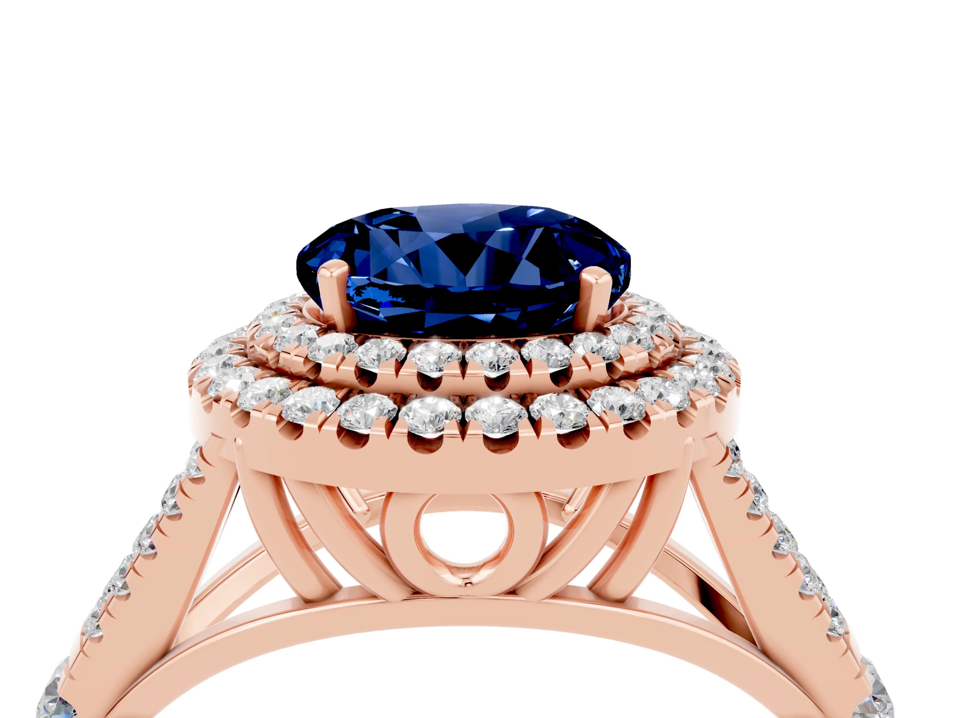 Rose gold Round Cut Blue Sapphire Double Halo Ring with Split Shank and Prong Setting_16