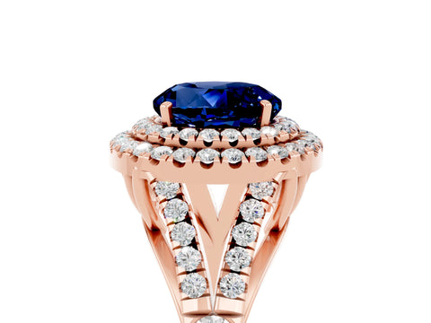 Rose gold Round Cut Blue Sapphire Double Halo Ring with Split Shank and Prong Setting_17