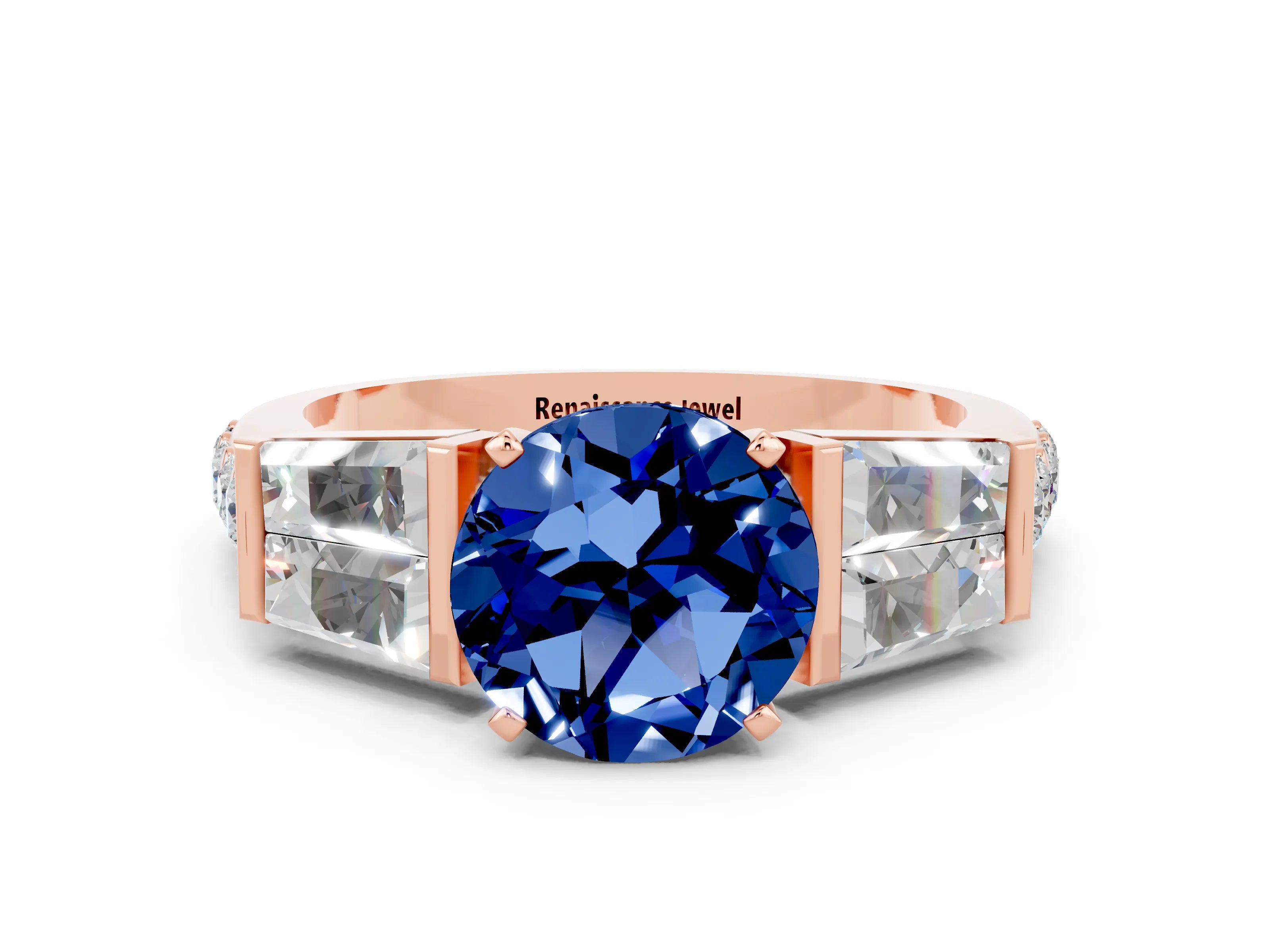 Rose gold Round Cut Blue Sapphire Engagement Ring with Baguette Side Stones and Channel Set Band
