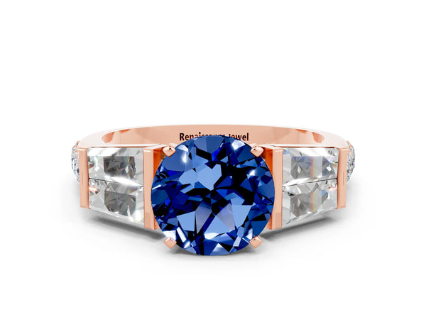 Rose gold Round Cut Blue Sapphire Engagement Ring with Baguette Side Stones and Channel Set Band