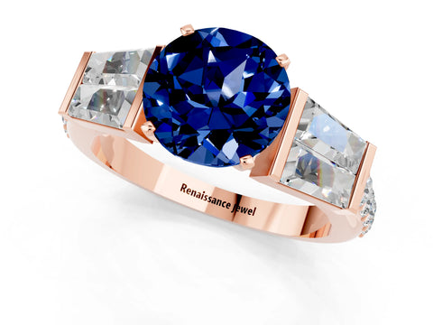 Rose gold Round Cut Blue Sapphire Engagement Ring with Baguette Side Stones and Channel Set Band_1