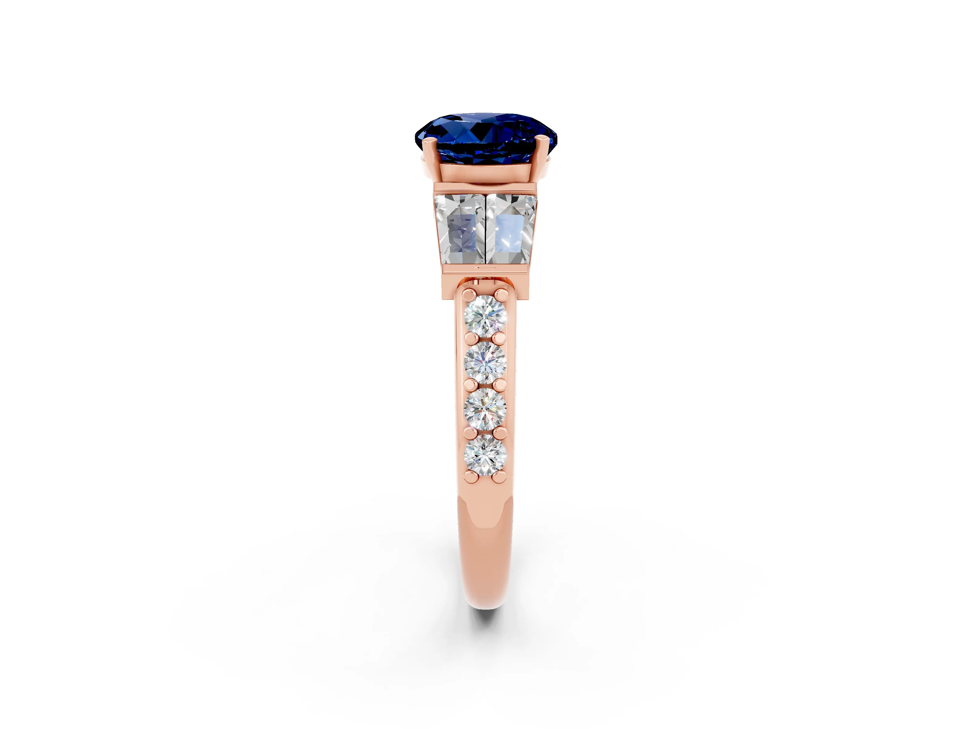Rose gold Round Cut Blue Sapphire Engagement Ring with Baguette Side Stones and Channel Set Band_2