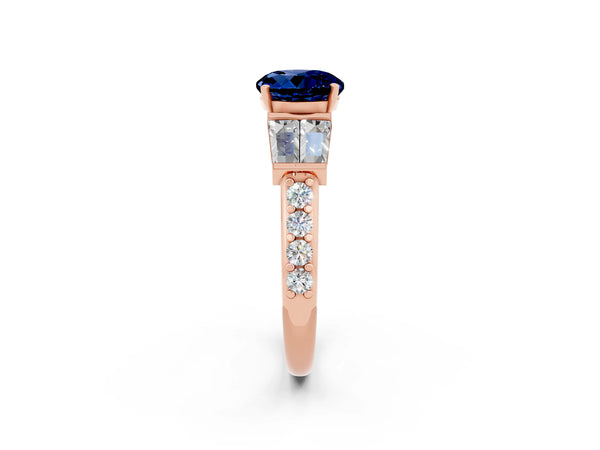 Rose gold Round Cut Blue Sapphire Engagement Ring with Baguette Side Stones and Channel Set Band