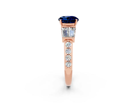 Rose gold Round Cut Blue Sapphire Engagement Ring with Baguette Side Stones and Channel Set Band_2