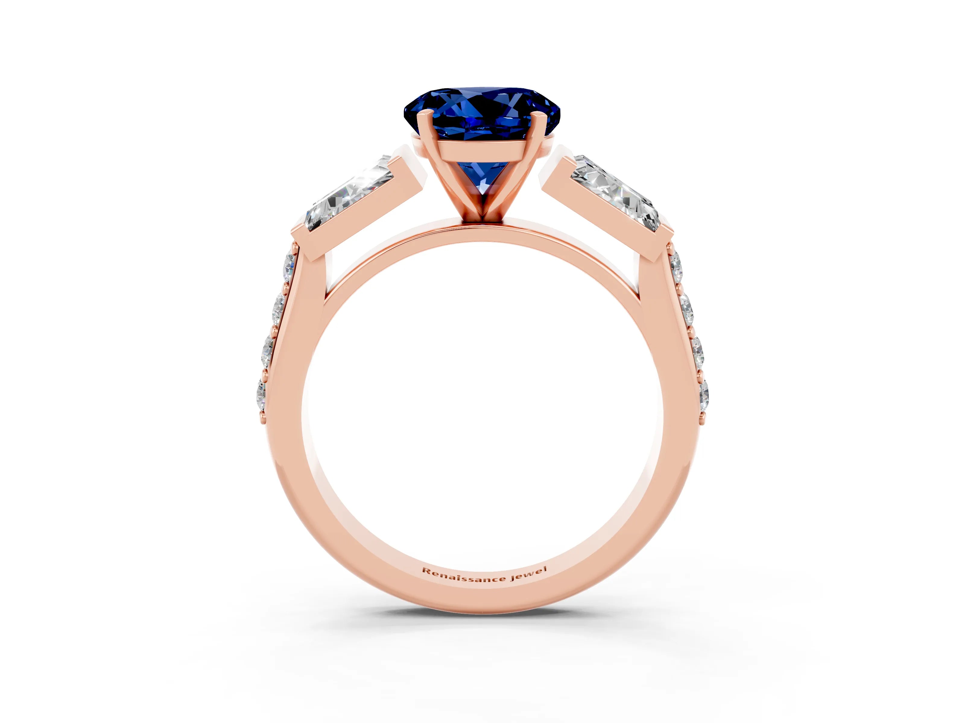 Rose gold Round Cut Blue Sapphire Engagement Ring with Baguette Side Stones and Channel Set Band_3