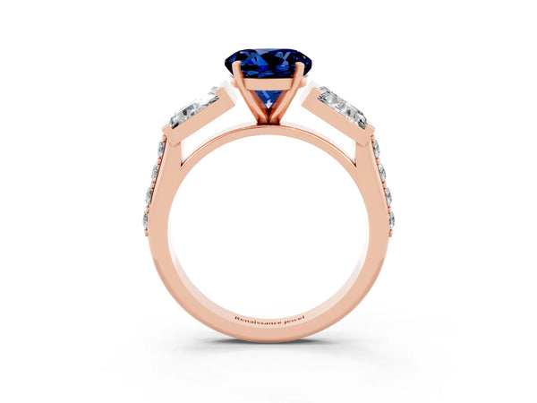 Rose gold Round Cut Blue Sapphire Engagement Ring with Baguette Side Stones and Channel Set Band