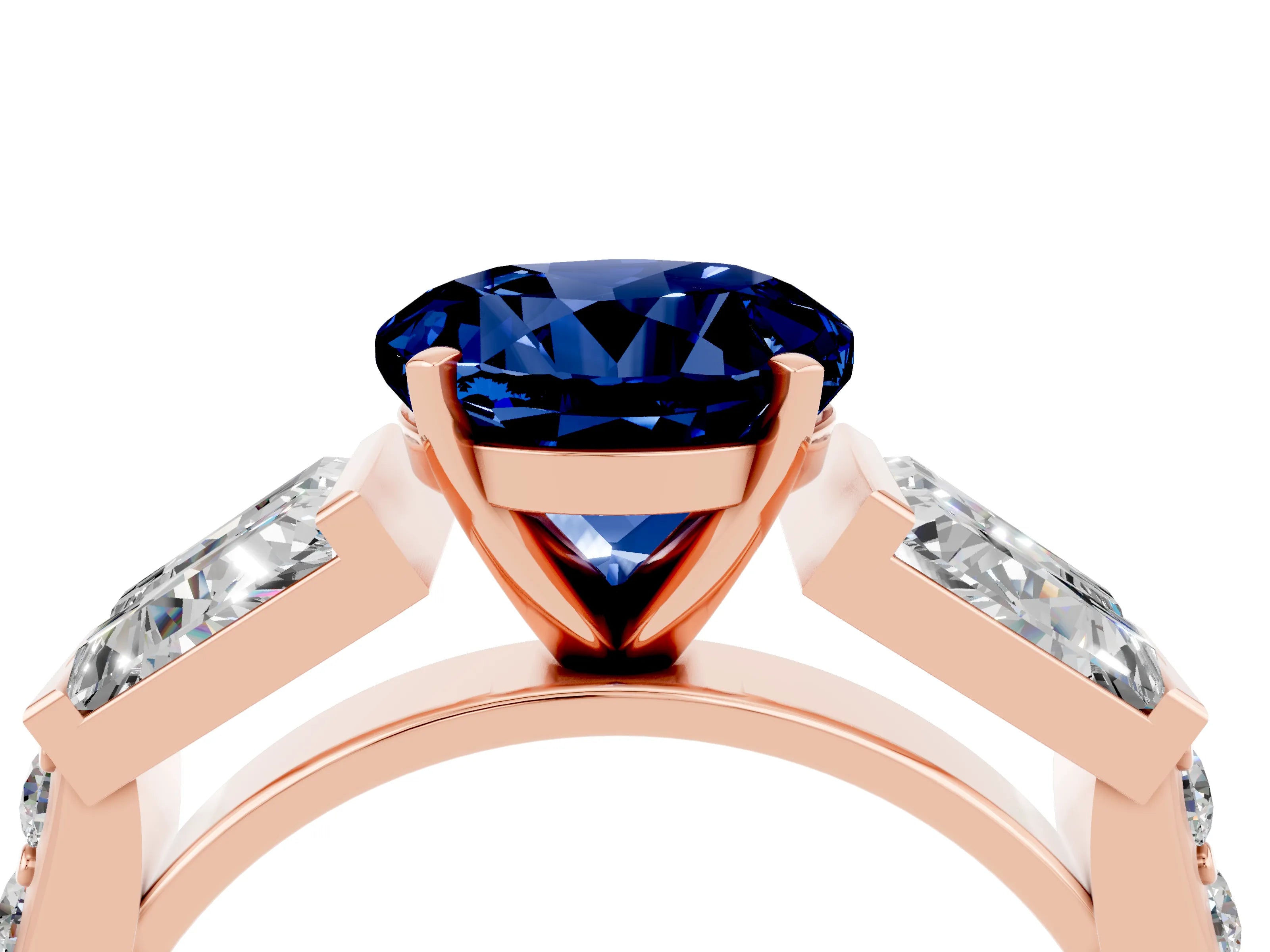 Rose gold Round Cut Blue Sapphire Engagement Ring with Baguette Side Stones and Channel Set Band_4