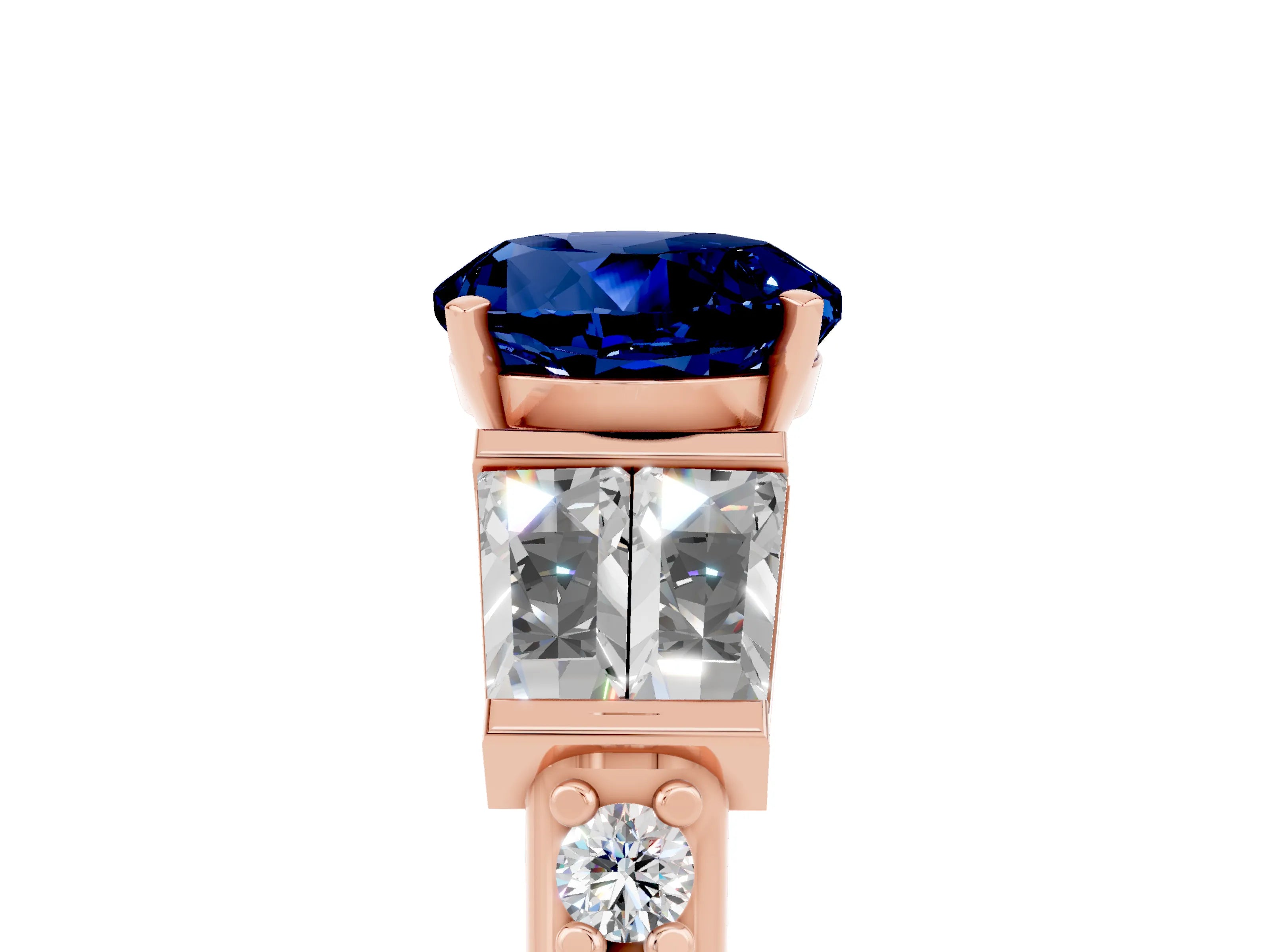 Rose gold Round Cut Blue Sapphire Engagement Ring with Baguette Side Stones and Channel Set Band_5