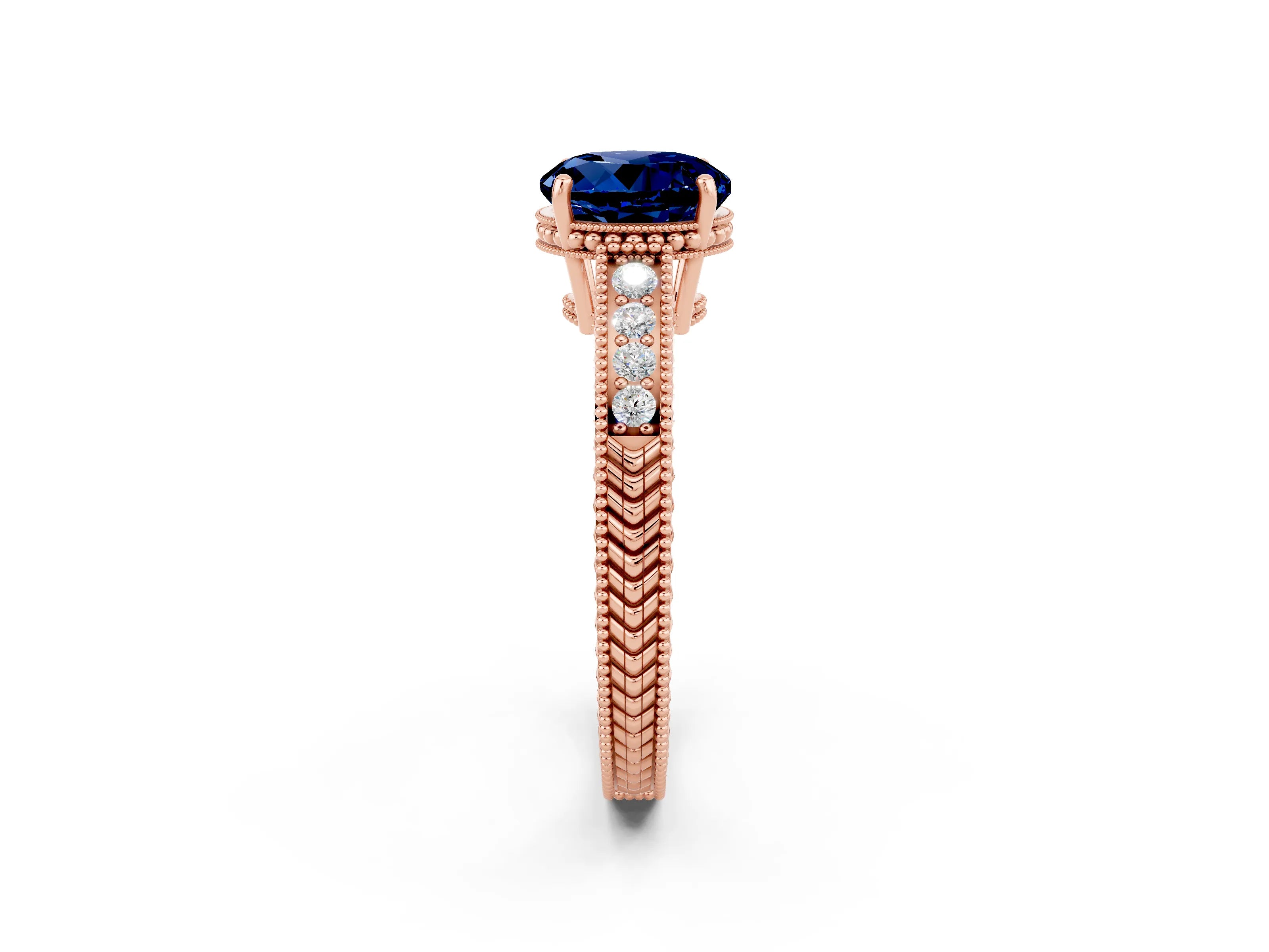 Rose gold Round Cut Blue Sapphire Engagement Ring with Milgrain Channel Set Band and Prong Setting_2
