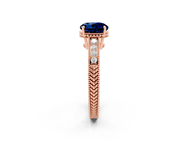 Rose gold Round Cut Blue Sapphire Engagement Ring with Milgrain Channel Set Band and Prong Setting
