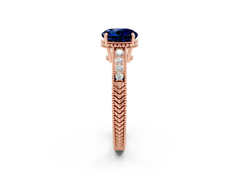 Rose gold Round Cut Blue Sapphire Engagement Ring with Milgrain Channel Set Band and Prong Setting_2