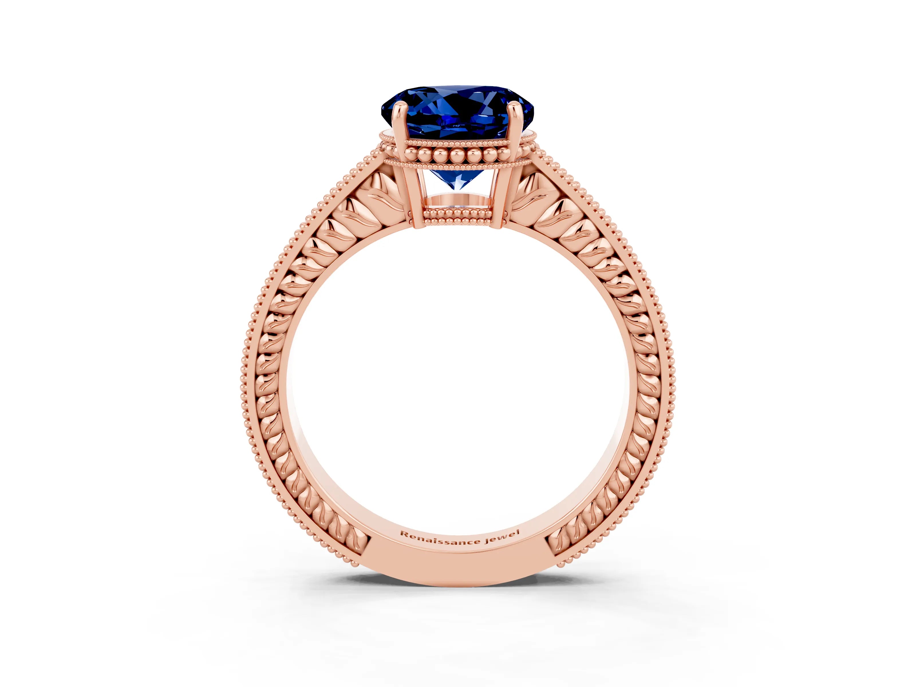 Rose gold Round Cut Blue Sapphire Engagement Ring with Milgrain Channel Set Band and Prong Setting_3