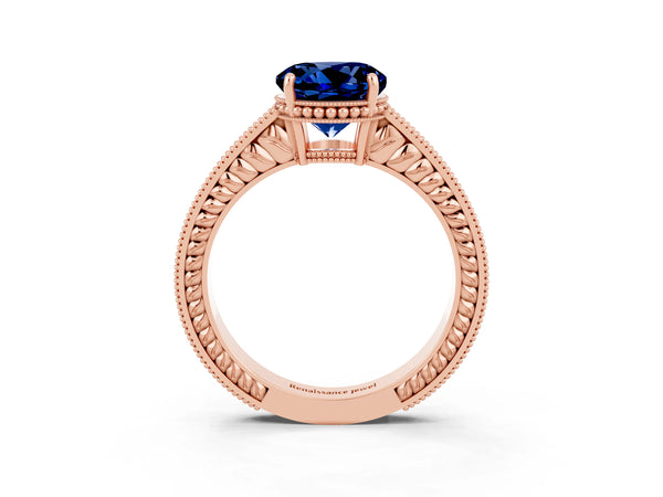 Rose gold Round Cut Blue Sapphire Engagement Ring with Milgrain Channel Set Band and Prong Setting