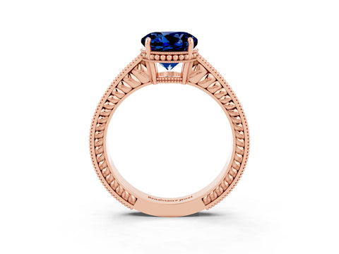 Rose gold Round Cut Blue Sapphire Engagement Ring with Milgrain Channel Set Band and Prong Setting_3