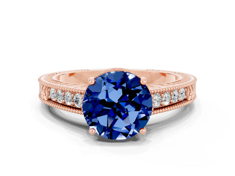 Rose gold Round Cut Blue Sapphire Engagement Ring with Milgrain Channel Set Band and Prong Setting