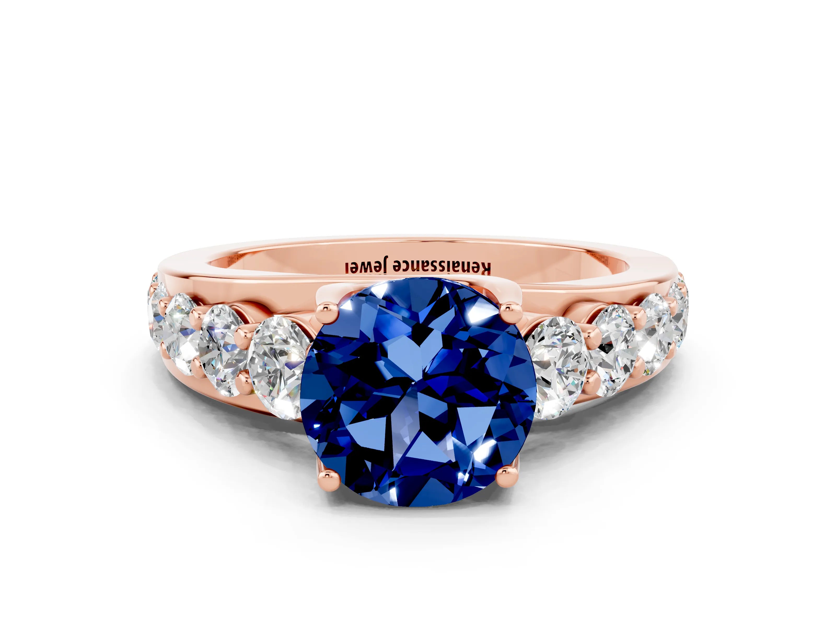 Rose gold Round Cut Blue Sapphire Engagement Ring with Pavé Band and Four-Prong Setting