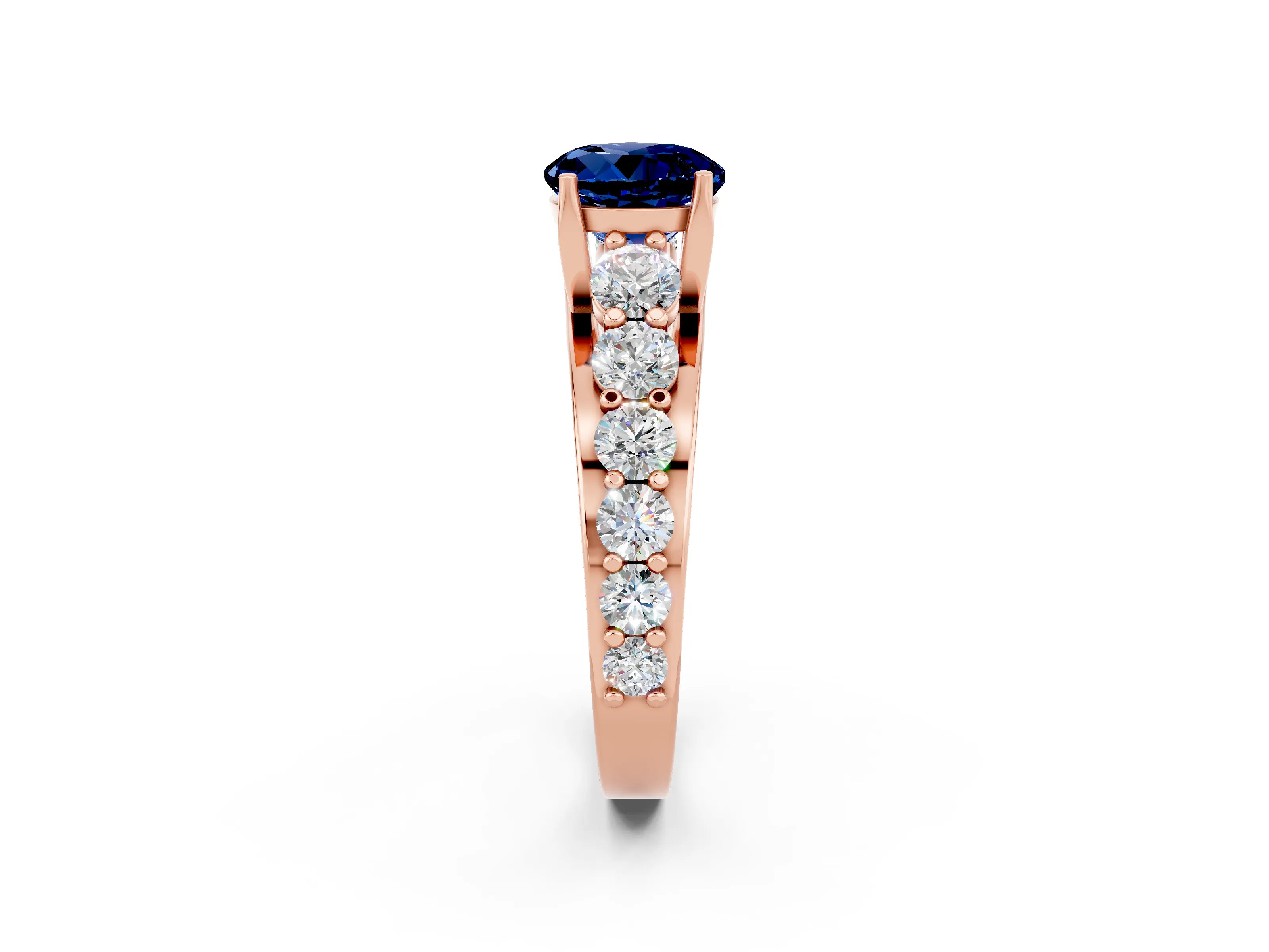 Rose gold Round Cut Blue Sapphire Engagement Ring with Pavé Band and Four-Prong Setting_2