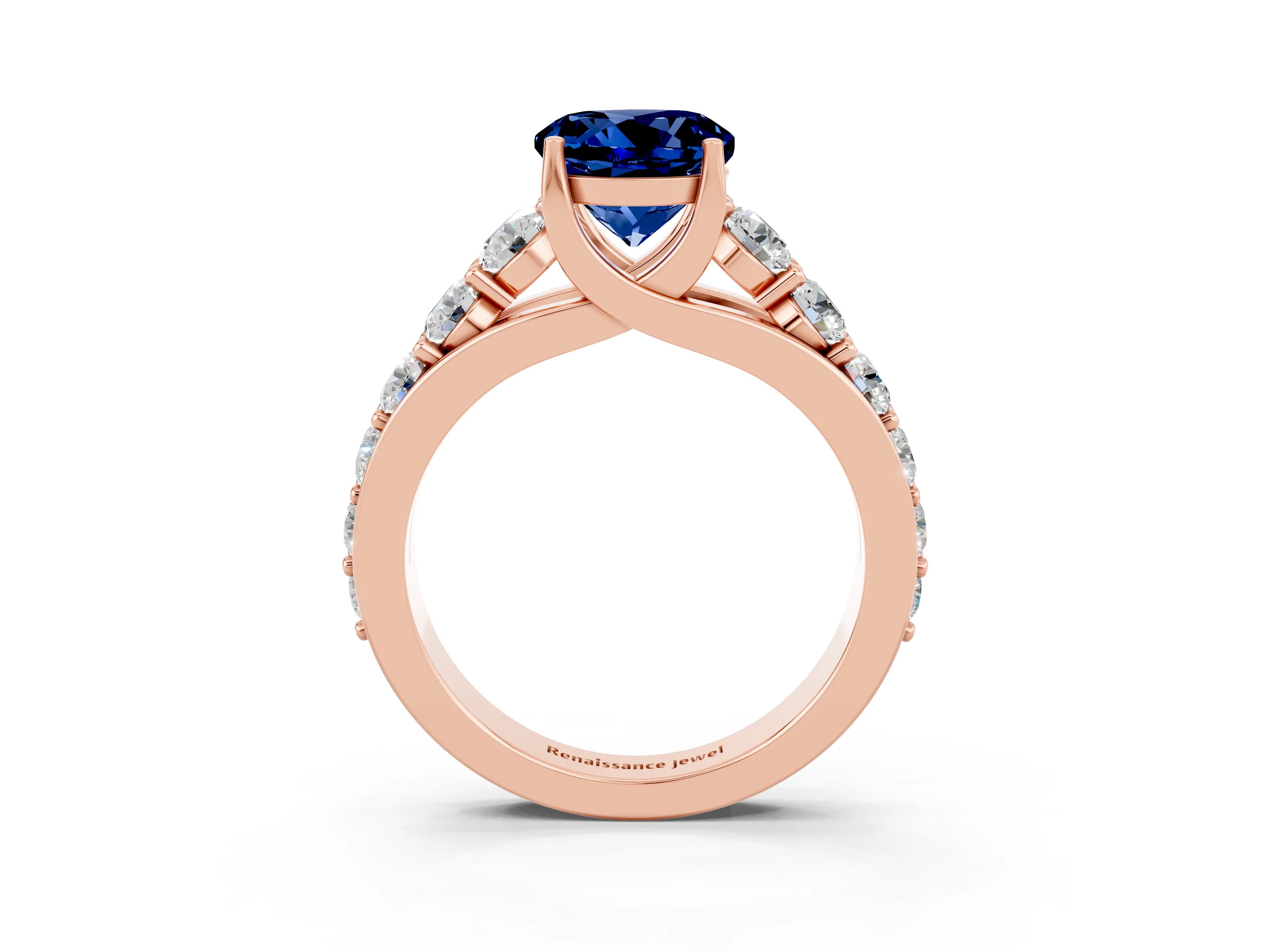 Rose gold Round Cut Blue Sapphire Engagement Ring with Pavé Band and Four-Prong Setting_3