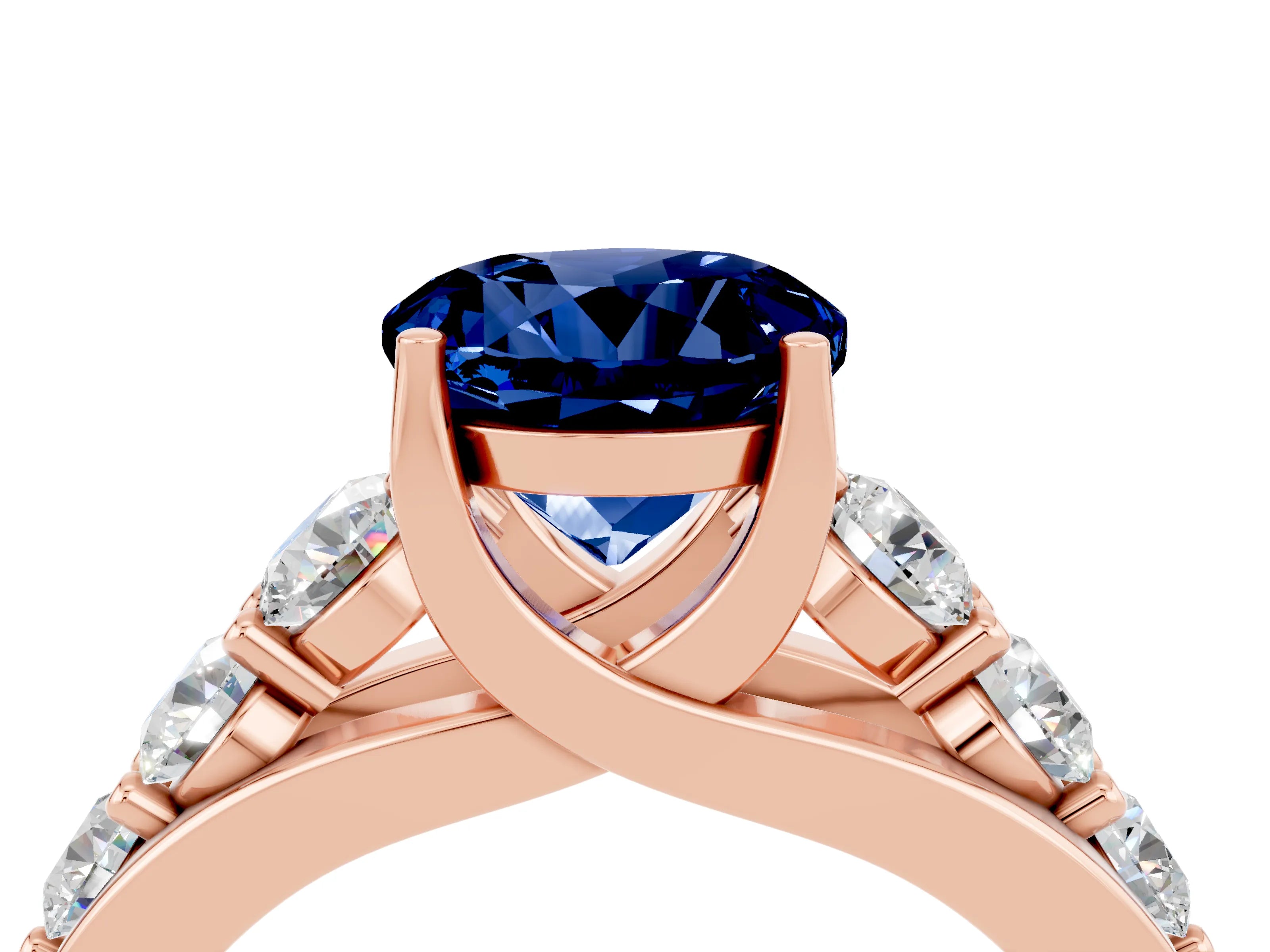 Rose gold Round Cut Blue Sapphire Engagement Ring with Pavé Band and Four-Prong Setting_4