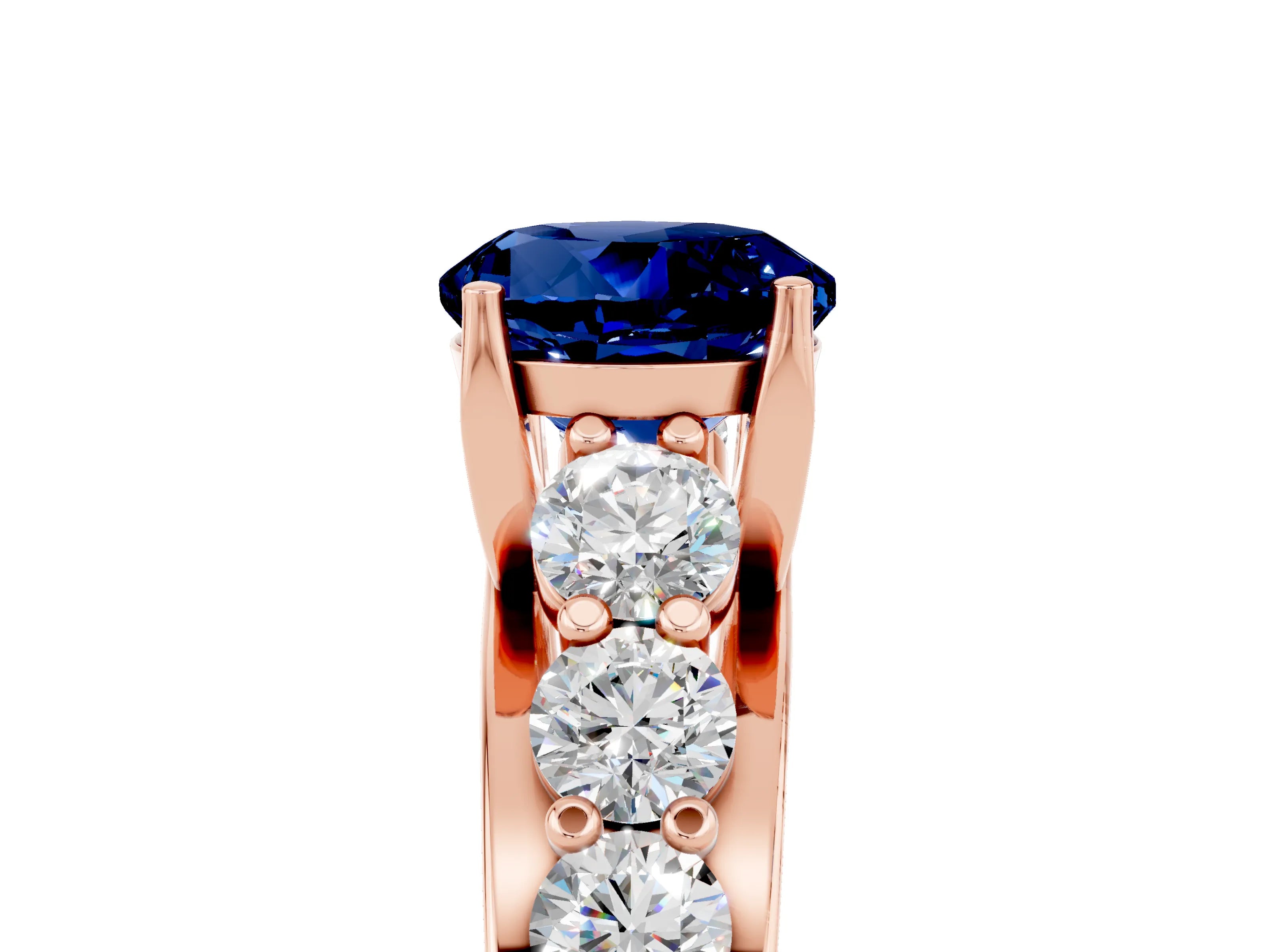 Rose gold Round Cut Blue Sapphire Engagement Ring with Pavé Band and Four-Prong Setting_5