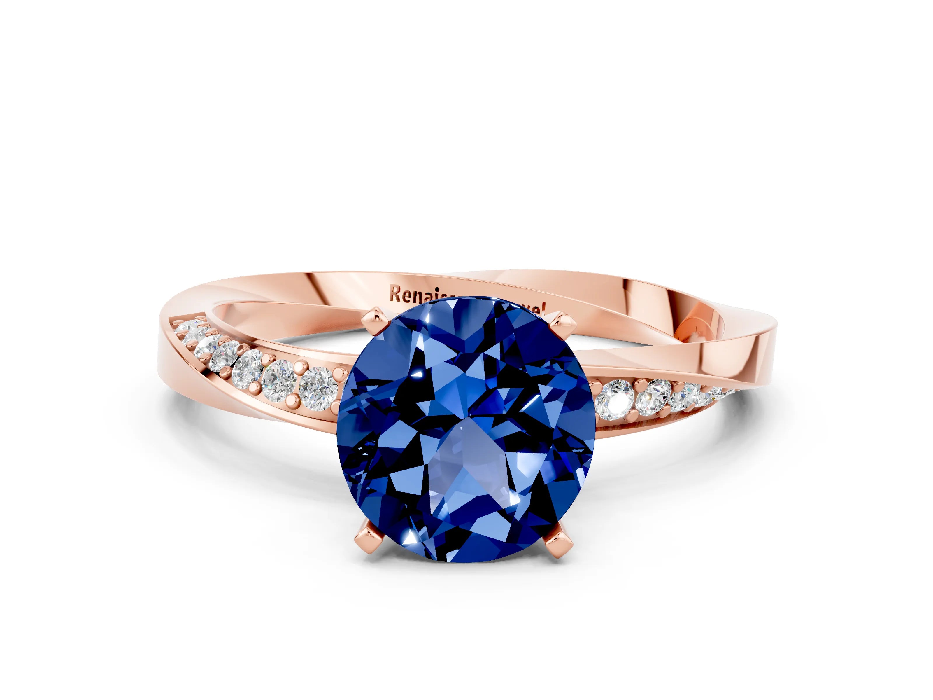 Rose gold Round Cut Blue Sapphire Engagement Ring with Side Stone Accents and Four-Prong Setting_27