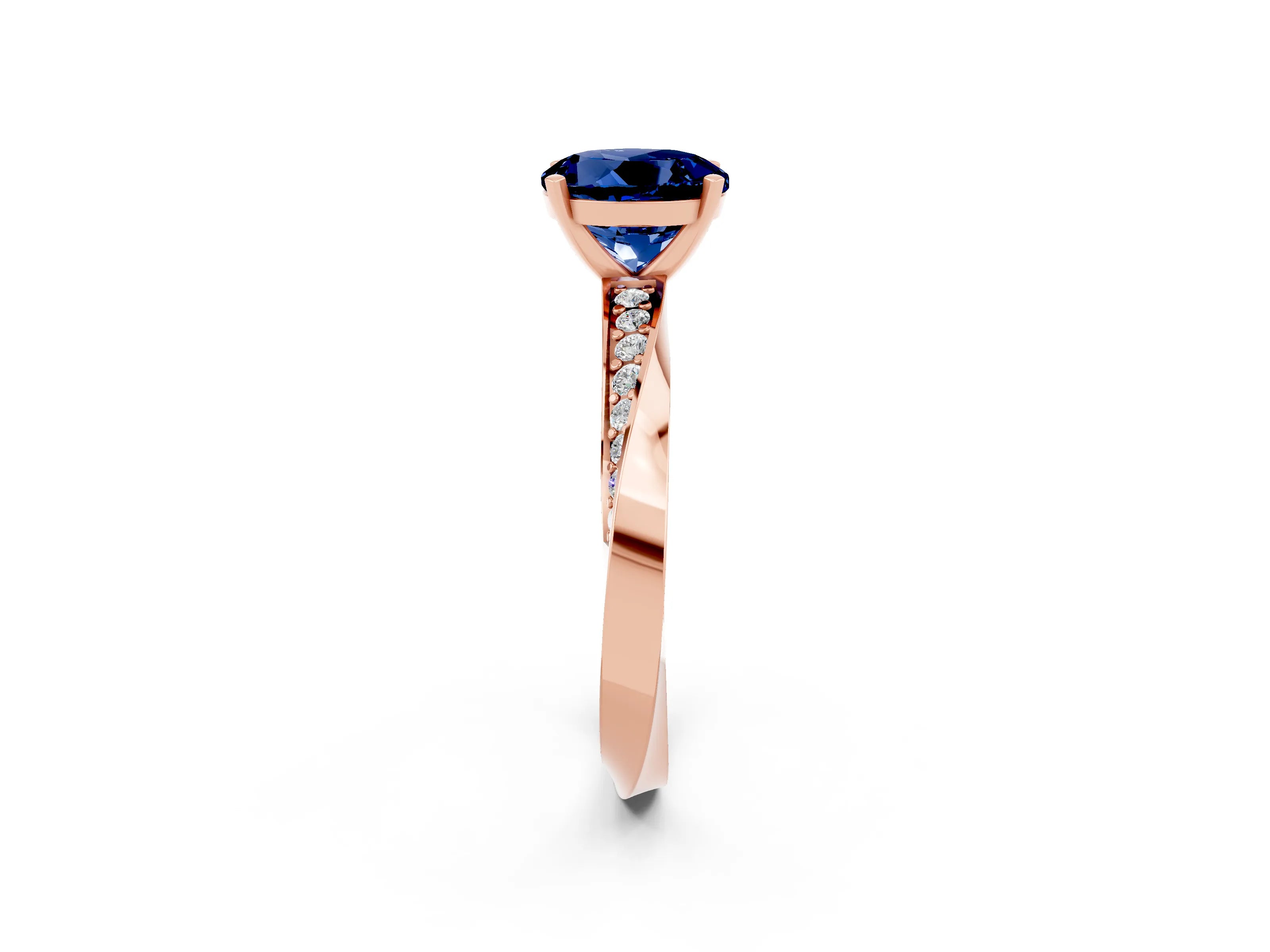 Rose gold Round Cut Blue Sapphire Engagement Ring with Side Stone Accents and Four-Prong Setting_29