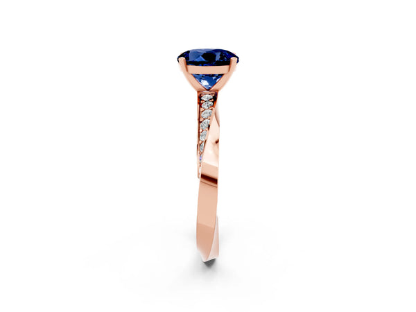Rose gold Round Cut Blue Sapphire Engagement Ring with Side Stone Accents and Four-Prong Setting