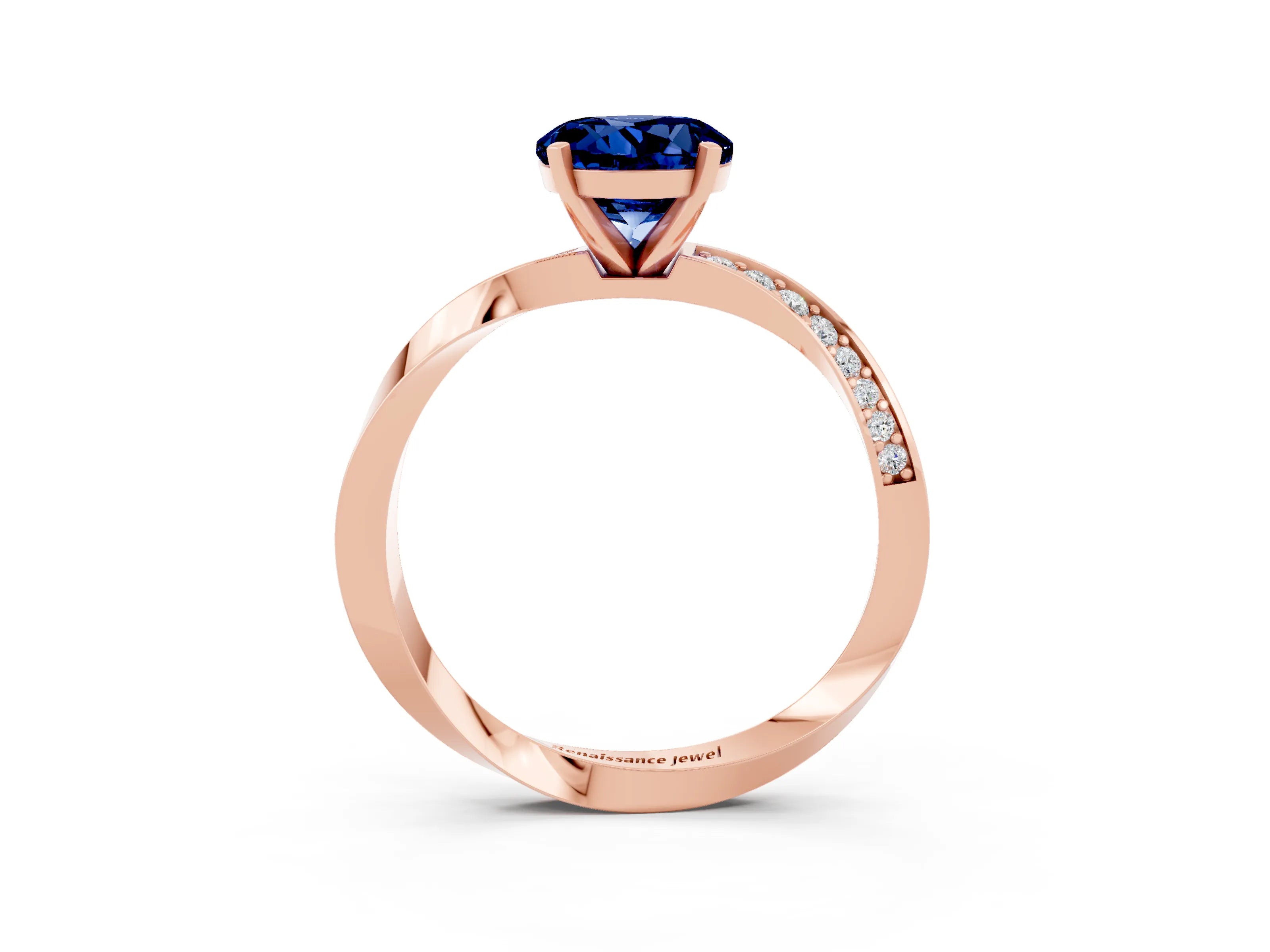 Rose gold Round Cut Blue Sapphire Engagement Ring with Side Stone Accents and Four-Prong Setting_30