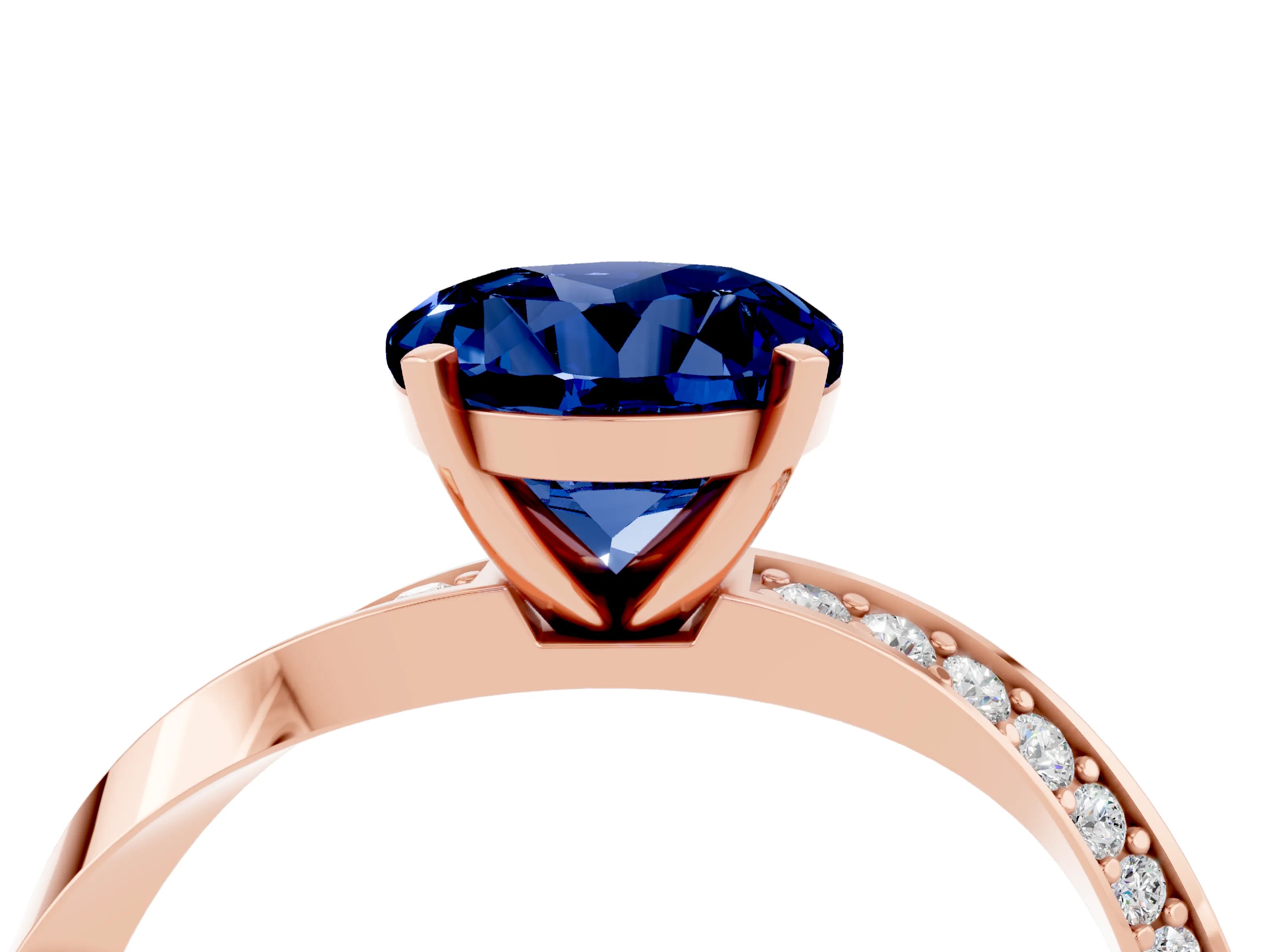 Rose gold Round Cut Blue Sapphire Engagement Ring with Side Stone Accents and Four-Prong Setting_31