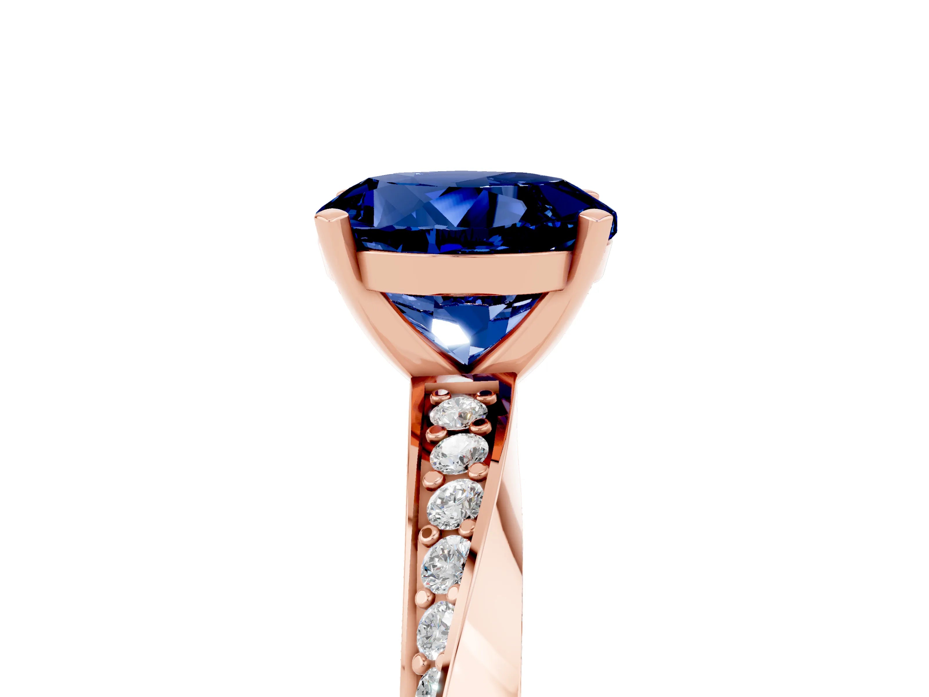 Rose gold Round Cut Blue Sapphire Engagement Ring with Side Stone Accents and Four-Prong Setting_32