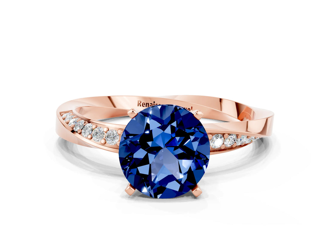 Rose gold Round Cut Blue Sapphire Engagement Ring with Side Stone Accents and Four-Prong Setting_60