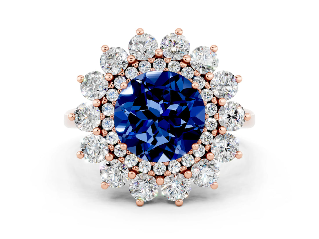 Rose gold Round Cut Blue Sapphire Floral Double Halo Engagement Ring with Prong Setting_48