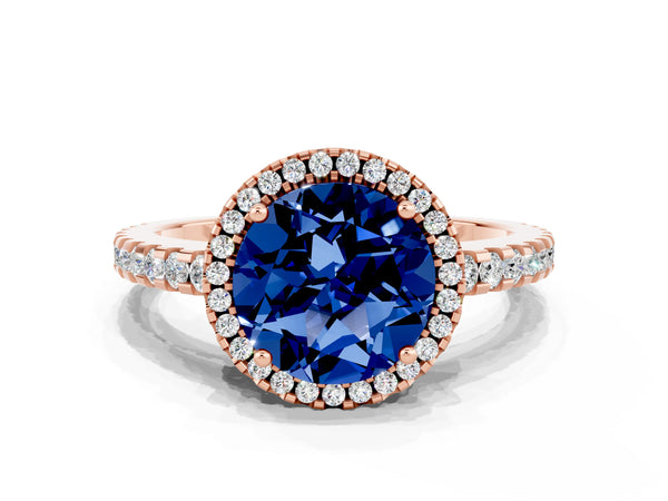 Rose gold Round Cut Blue Sapphire Halo Engagement Ring with Pavé Band and Prong Setting