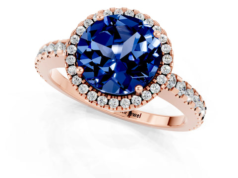 Rose gold Round Cut Blue Sapphire Halo Engagement Ring with Pavé Band and Prong Setting_13