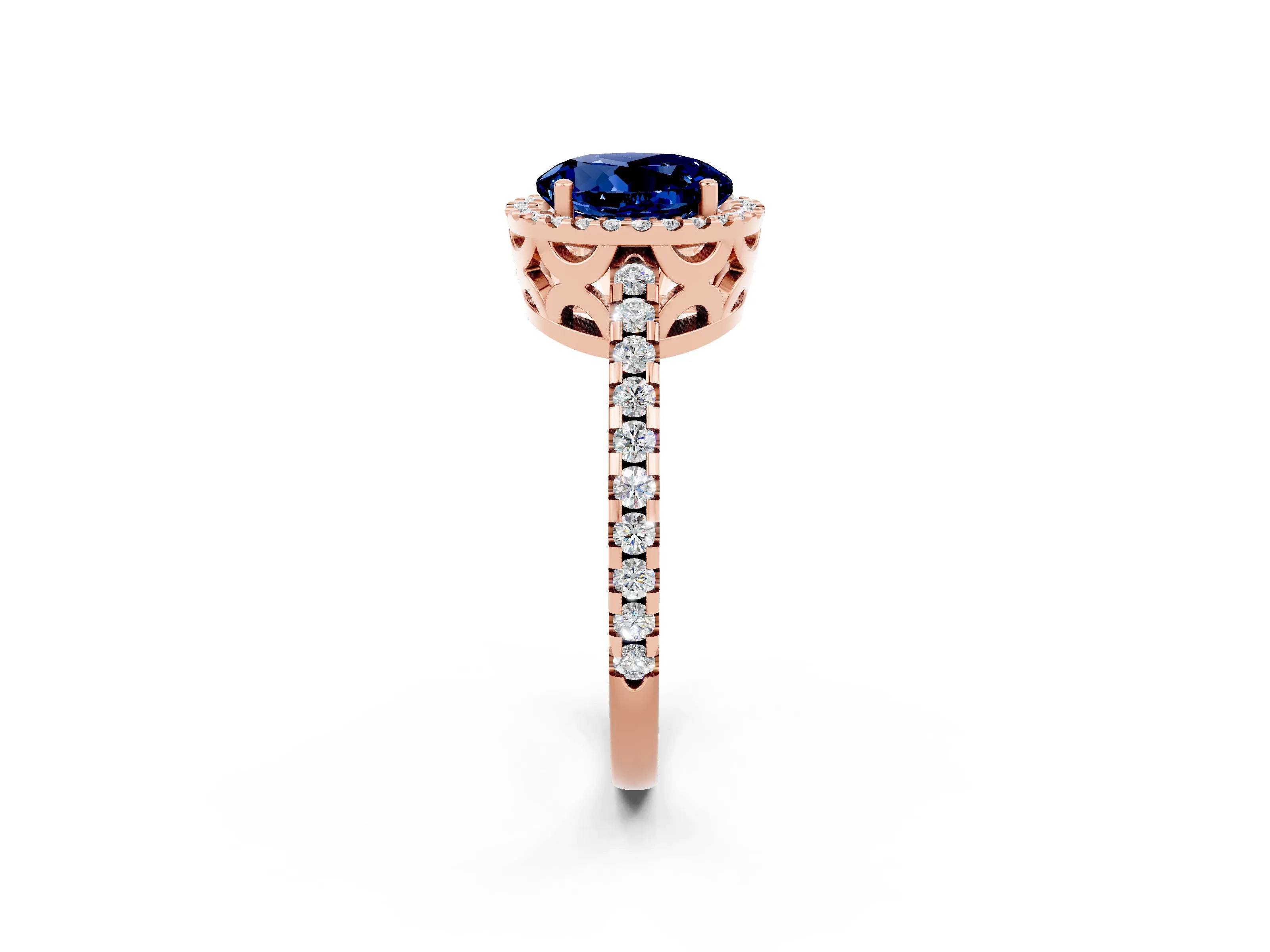 Rose gold Round Cut Blue Sapphire Halo Engagement Ring with Pavé Band and Prong Setting_14