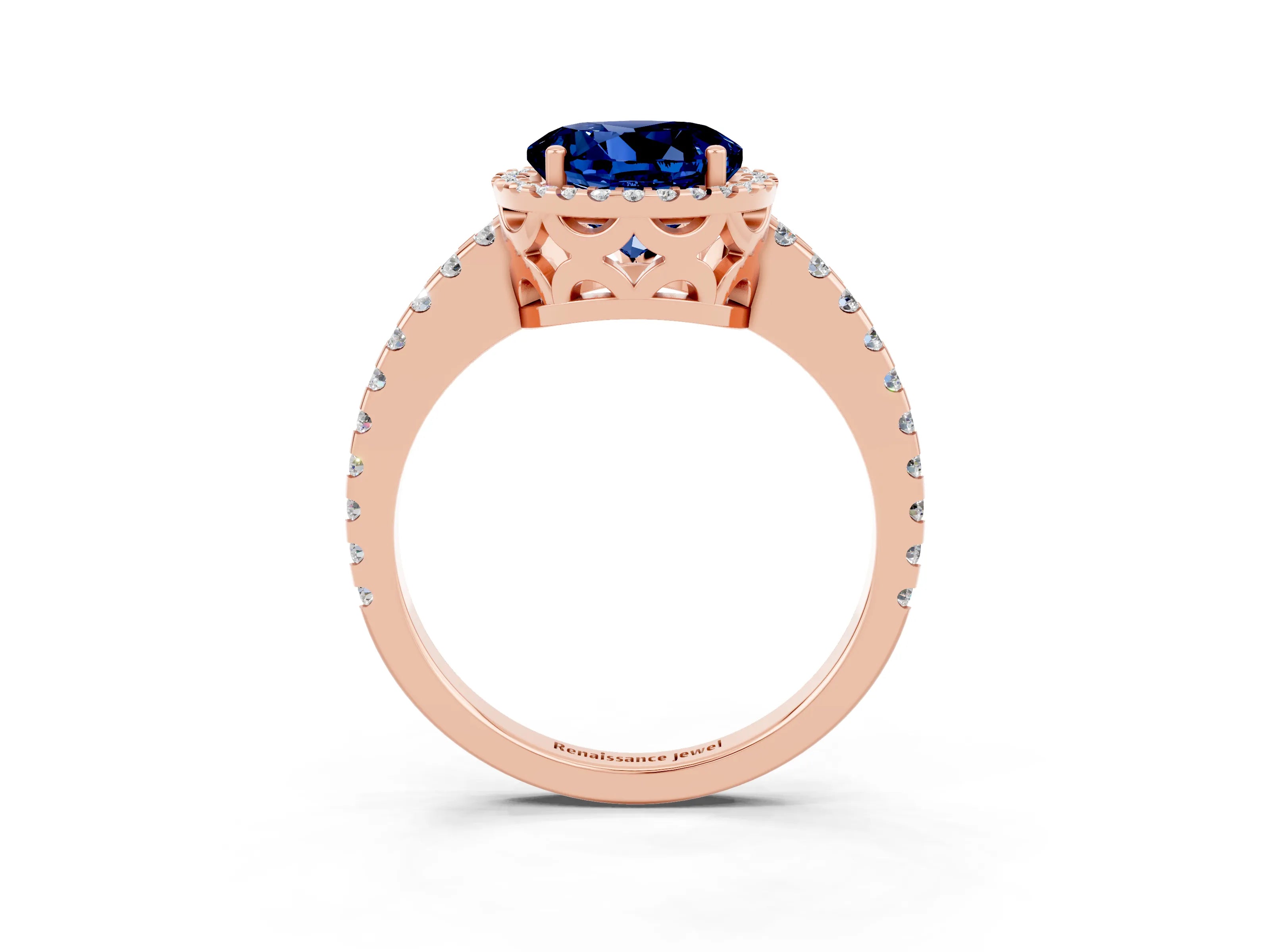 Rose gold Round Cut Blue Sapphire Halo Engagement Ring with Pavé Band and Prong Setting_15
