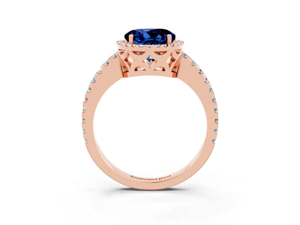 Rose gold Round Cut Blue Sapphire Halo Engagement Ring with Pavé Band and Prong Setting
