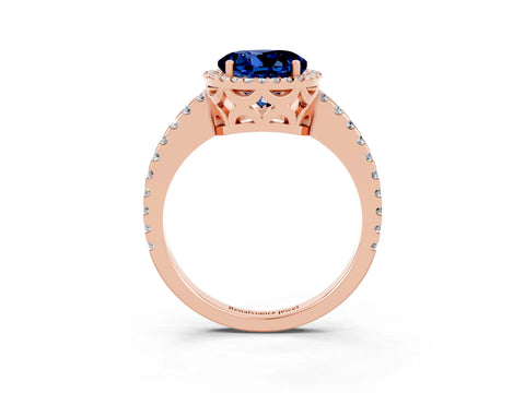 Rose gold Round Cut Blue Sapphire Halo Engagement Ring with Pavé Band and Prong Setting_15
