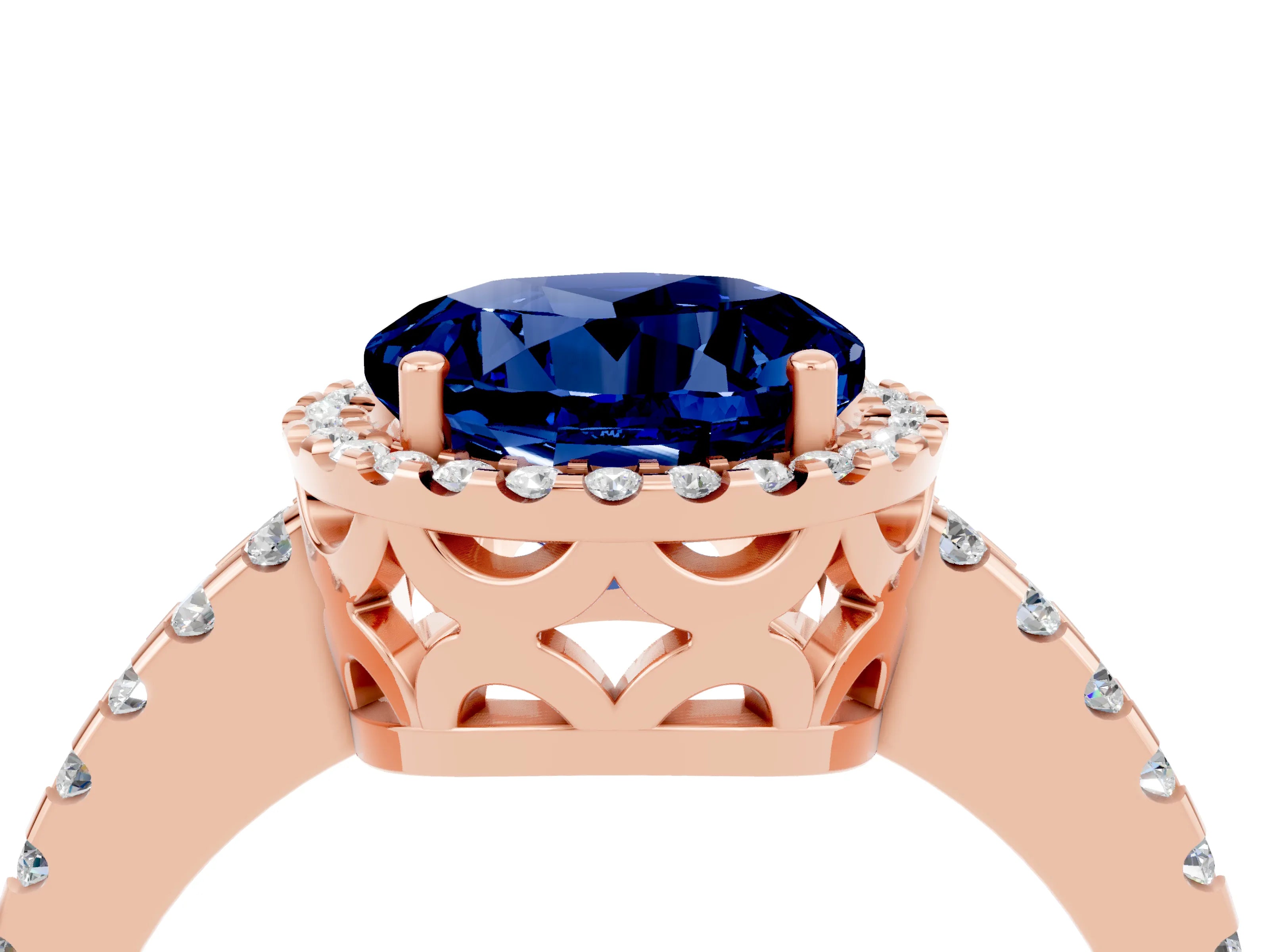 Rose gold Round Cut Blue Sapphire Halo Engagement Ring with Pavé Band and Prong Setting_16