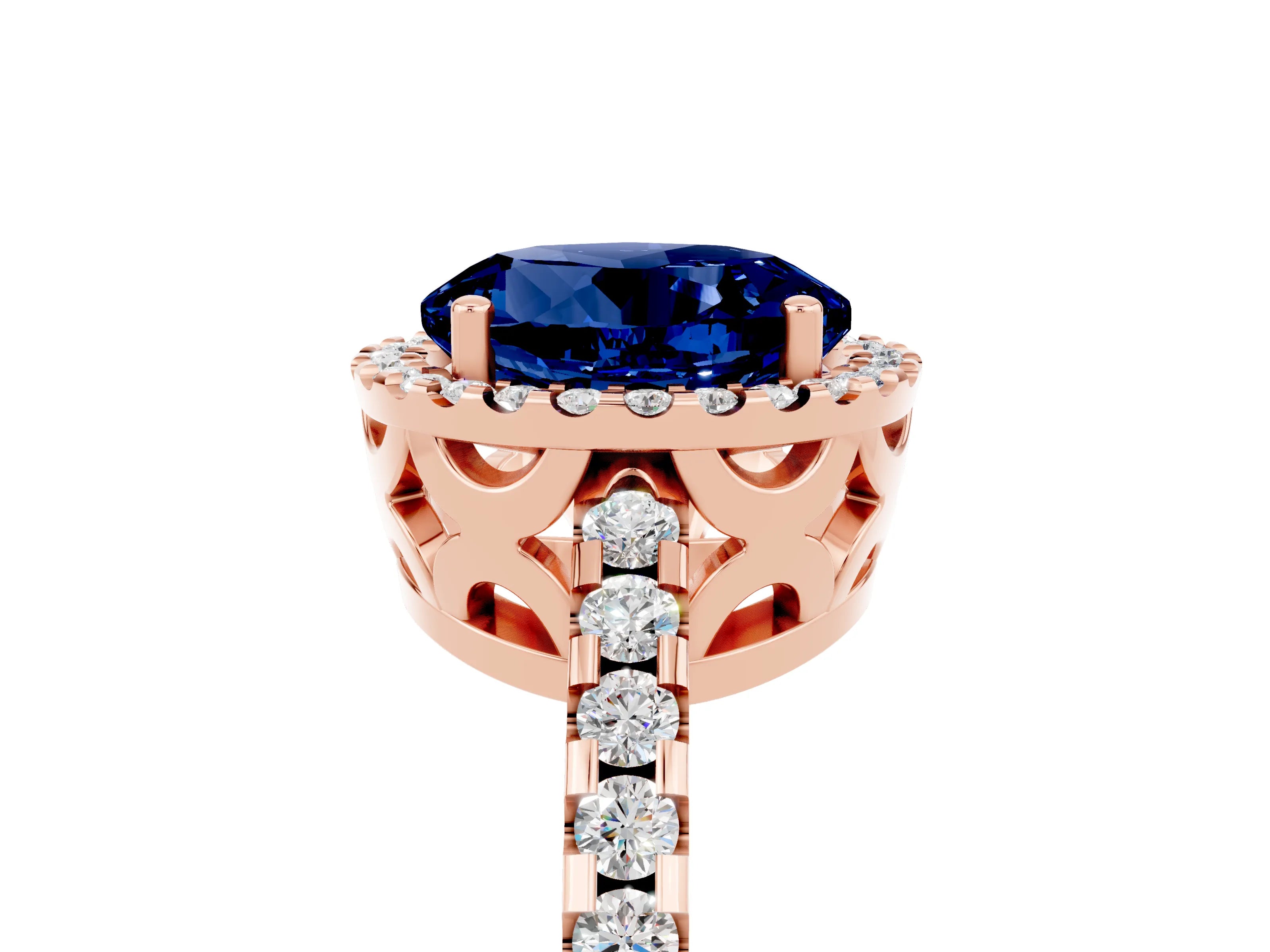 Rose gold Round Cut Blue Sapphire Halo Engagement Ring with Pavé Band and Prong Setting_17