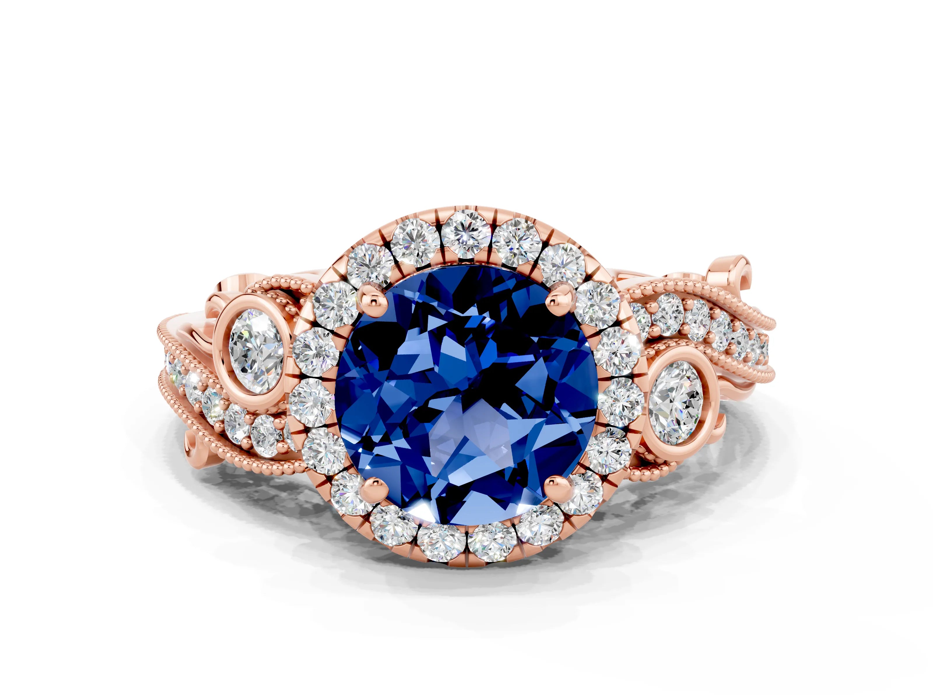Rose gold Round Cut Blue Sapphire Halo Ring with Milgrain Pavé Band and Four-Prong Setting_12