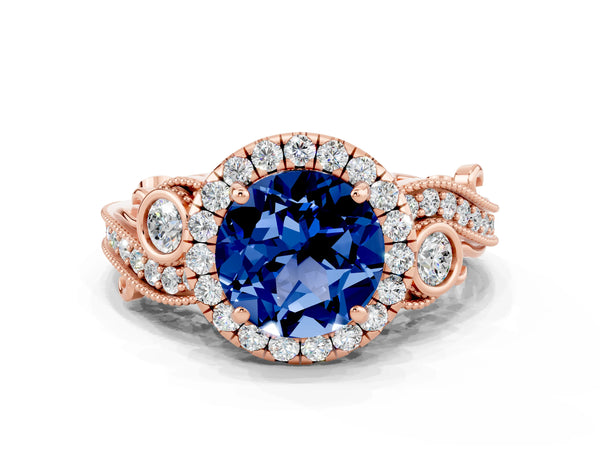 Rose gold Round Cut Blue Sapphire Halo Ring with Milgrain Pavé Band and Four-Prong Setting