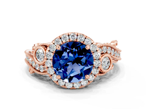 Rose gold Round Cut Blue Sapphire Halo Ring with Milgrain Pavé Band and Four-Prong Setting_12