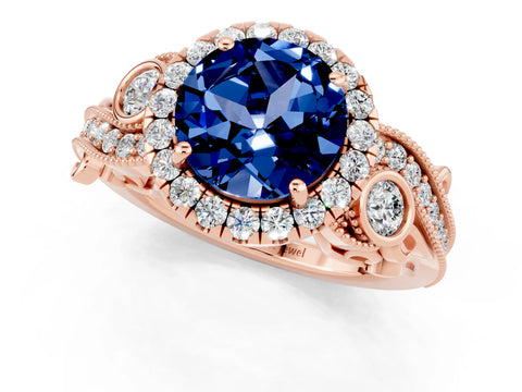 Rose gold Round Cut Blue Sapphire Halo Ring with Milgrain Pavé Band and Four-Prong Setting_13
