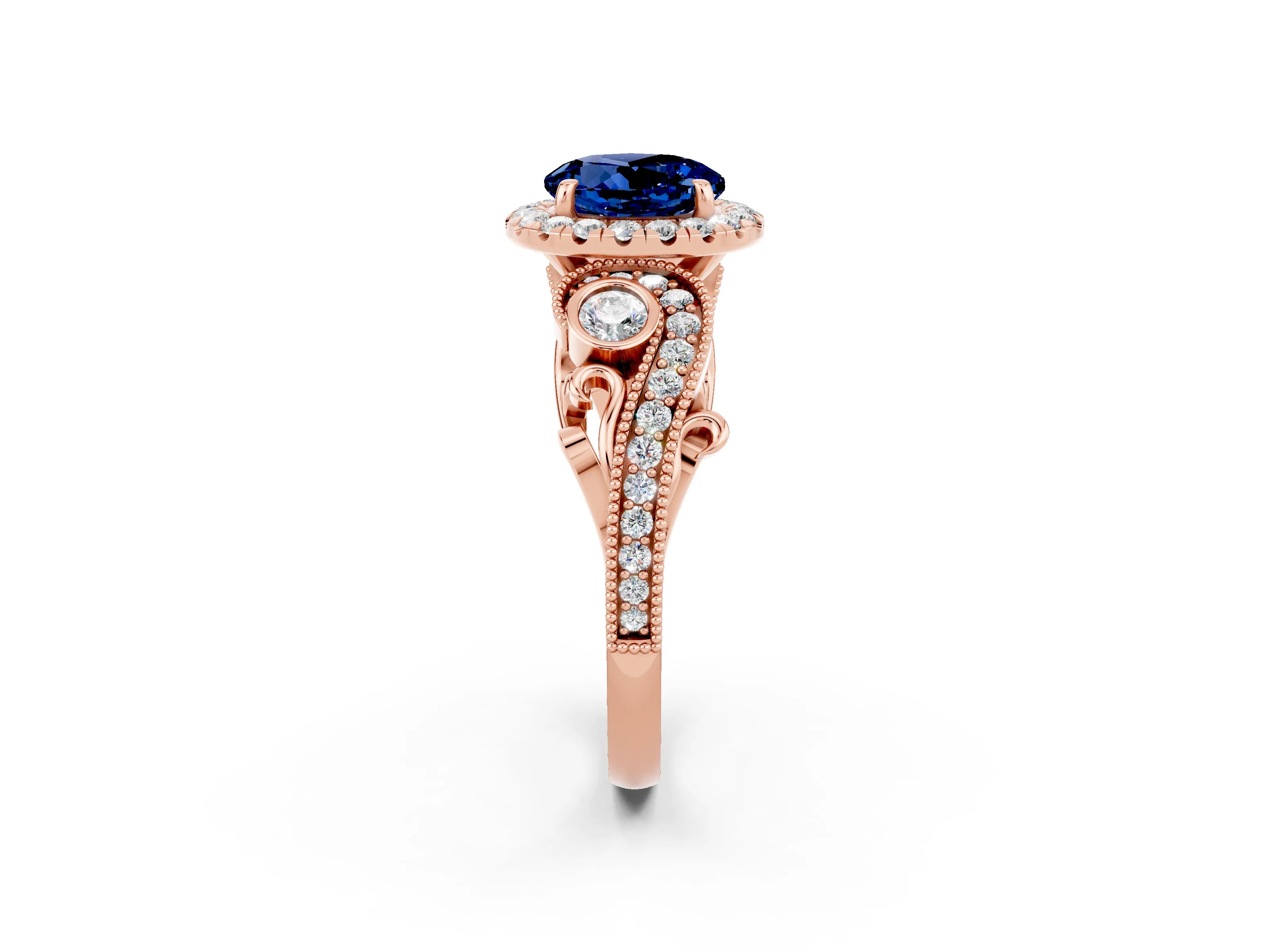Rose gold Round Cut Blue Sapphire Halo Ring with Milgrain Pavé Band and Four-Prong Setting_14