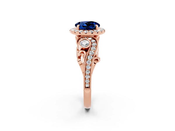 Rose gold Round Cut Blue Sapphire Halo Ring with Milgrain Pavé Band and Four-Prong Setting