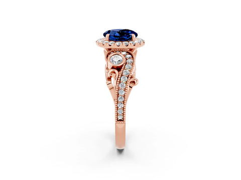 Rose gold Round Cut Blue Sapphire Halo Ring with Milgrain Pavé Band and Four-Prong Setting_14