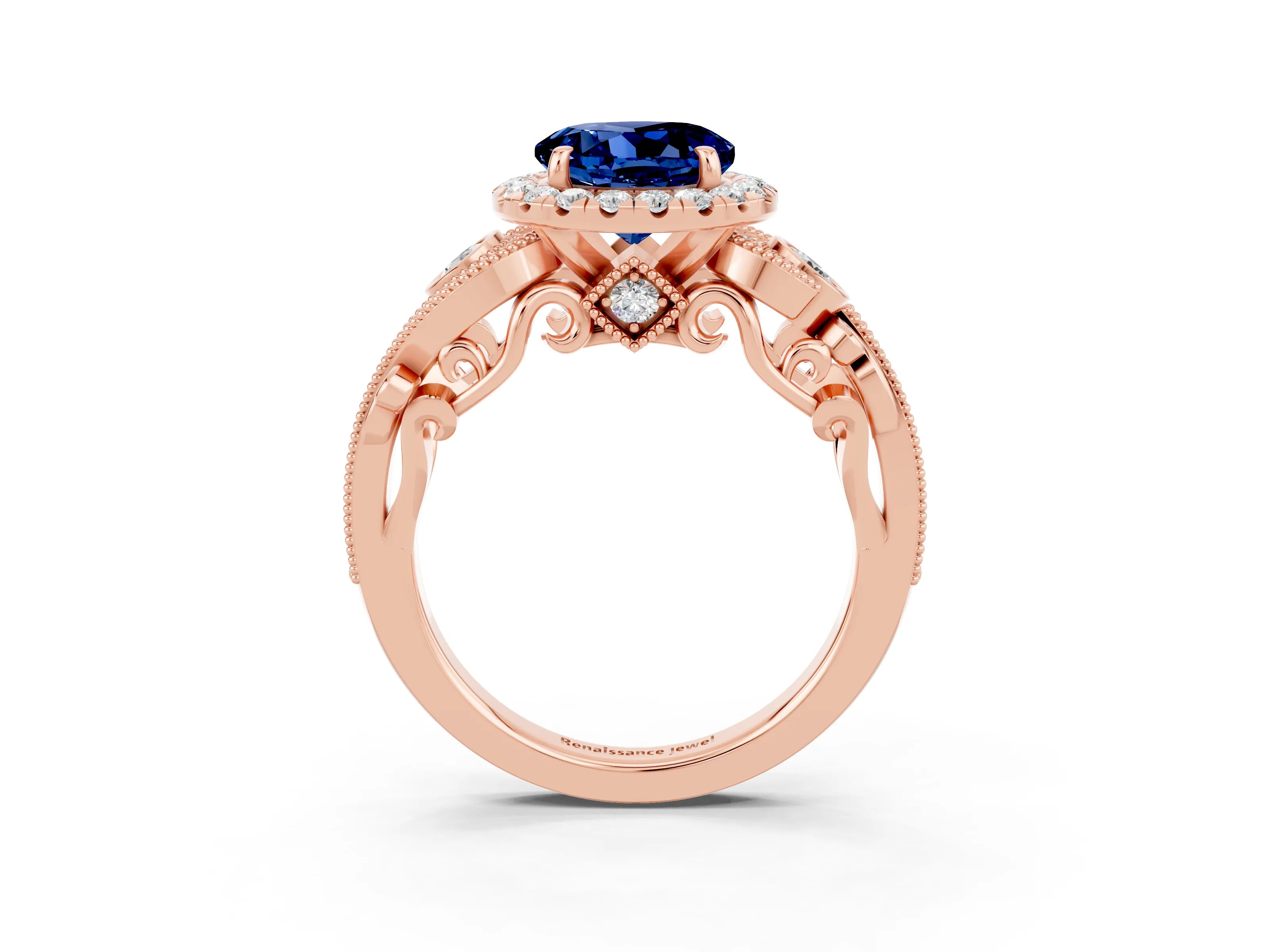 Rose gold Round Cut Blue Sapphire Halo Ring with Milgrain Pavé Band and Four-Prong Setting_15