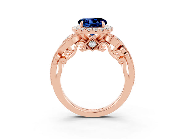 Rose gold Round Cut Blue Sapphire Halo Ring with Milgrain Pavé Band and Four-Prong Setting